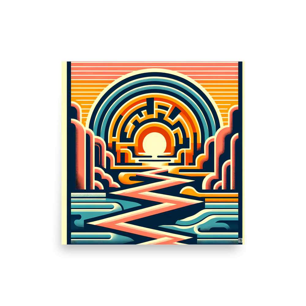 Geometric Sunset Over Zigzag River Canyon — Art Print