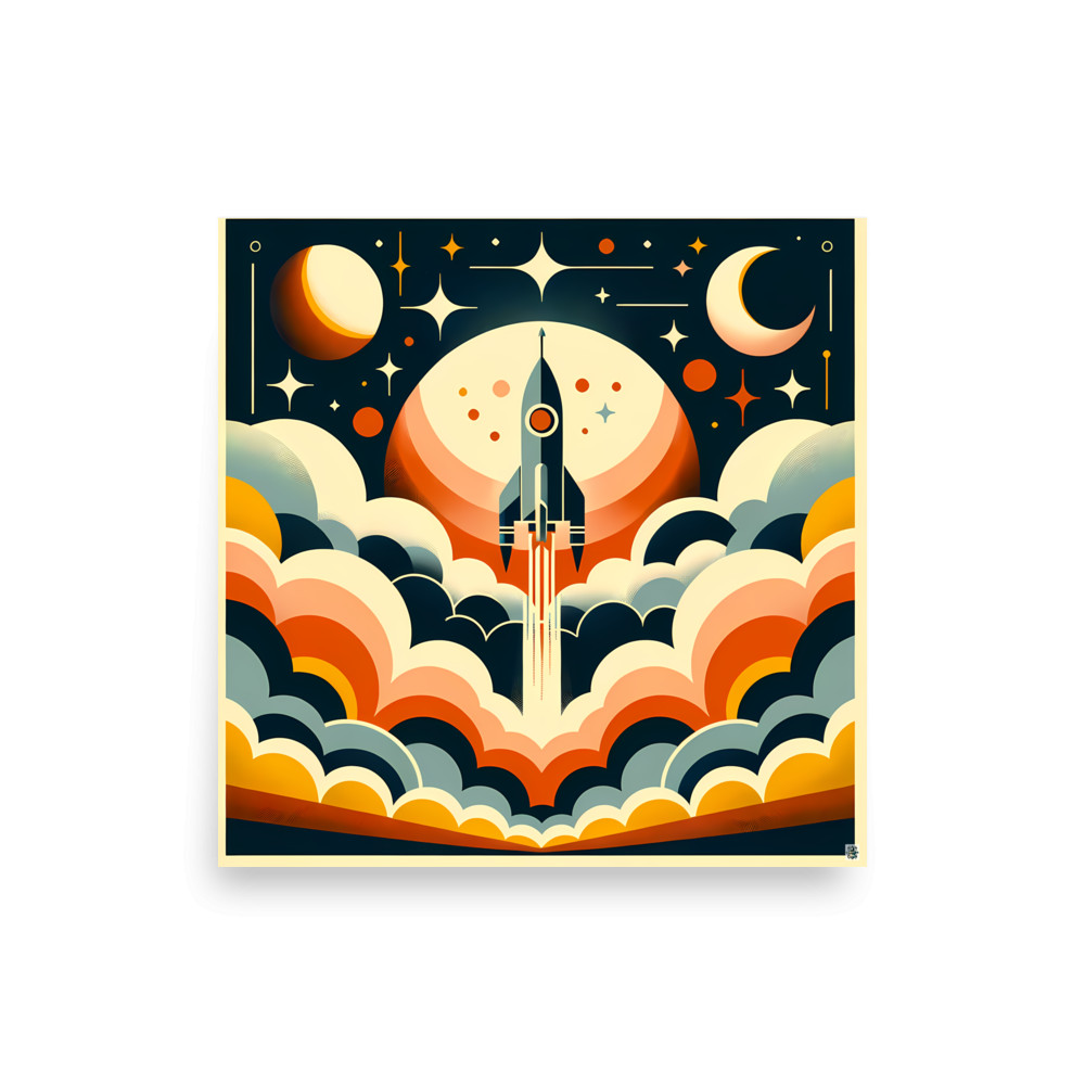Retro Rocket Launch in Starry Night Sky — Art Print