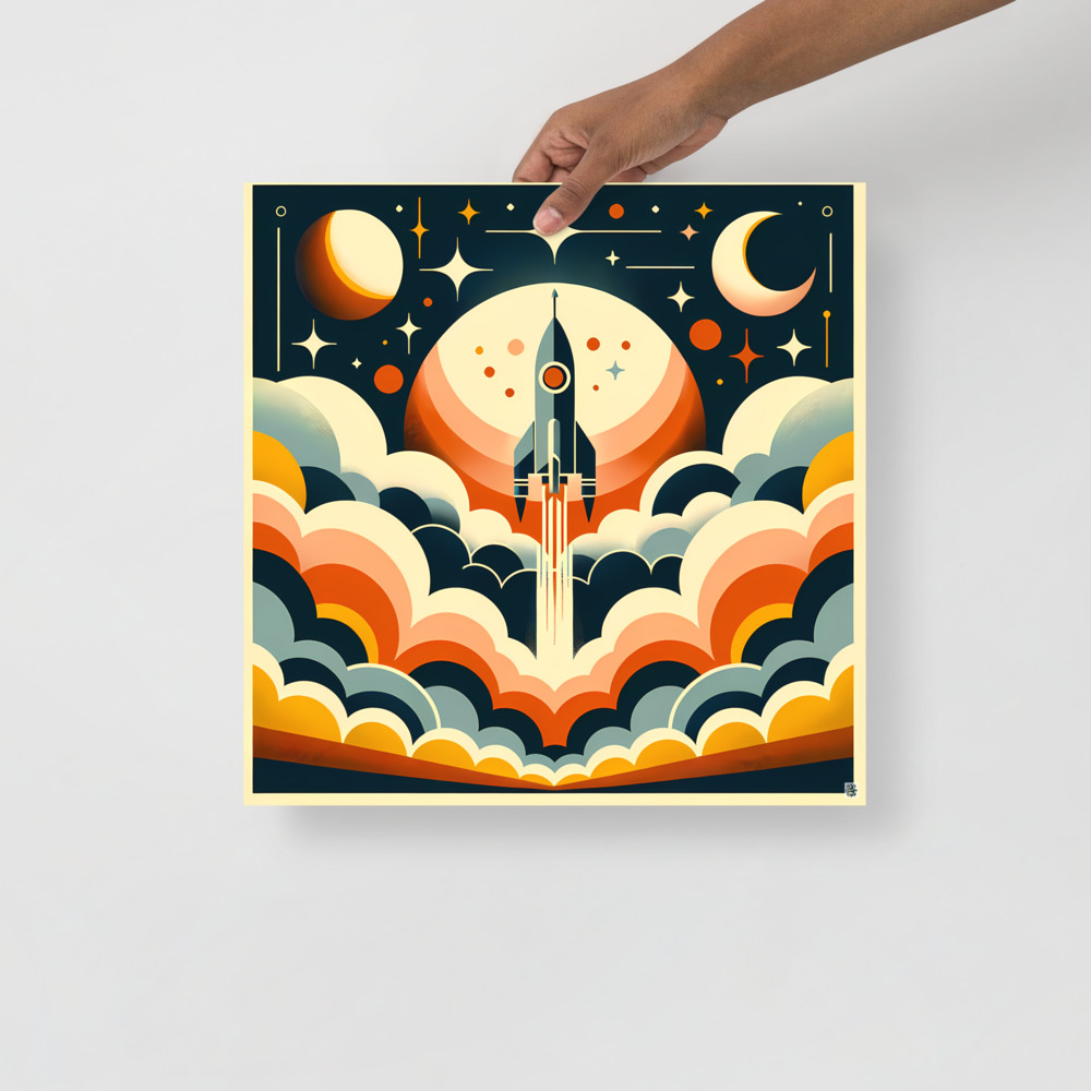 Retro Rocket Launch in Starry Night Sky