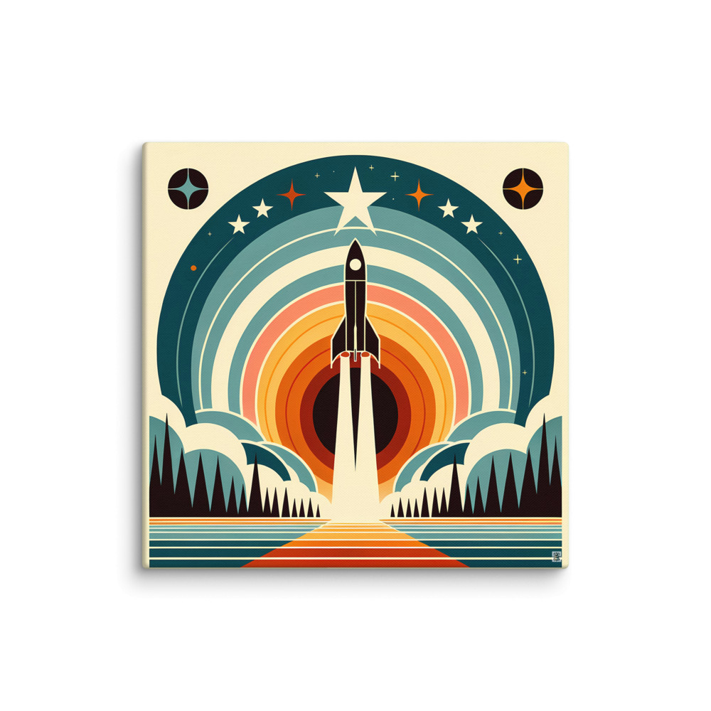 Retro Rocket Launch Geometric Space Scene — Canvas Print
