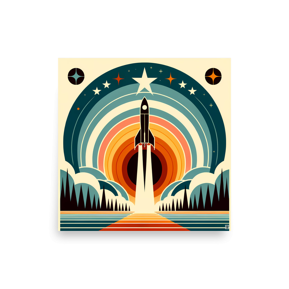 Retro Rocket Launch Geometric Space Scene