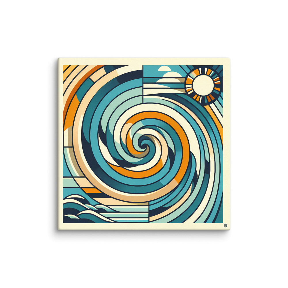 Geometric Ocean Swirl with Sun and Clouds — Canvas Print