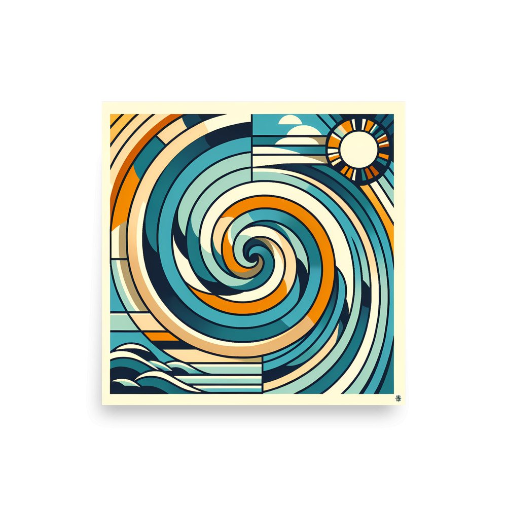 Geometric Ocean Swirl with Sun and Clouds — Art Print
