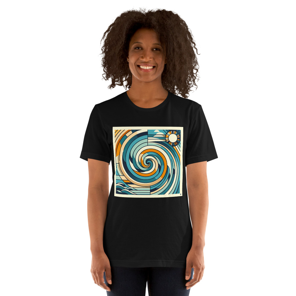 Geometric Ocean Swirl with Sun and Clouds