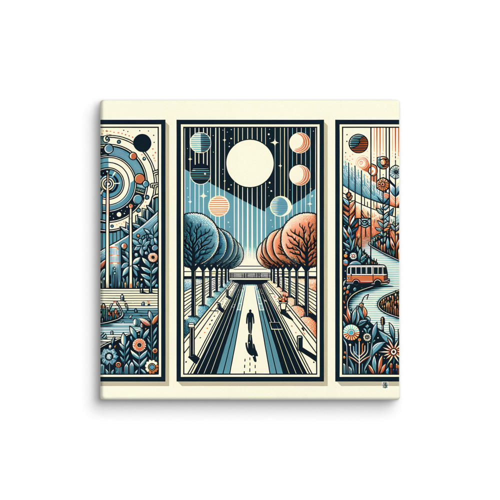 Retro Cosmic Landscape Triptych in Teal and Orange