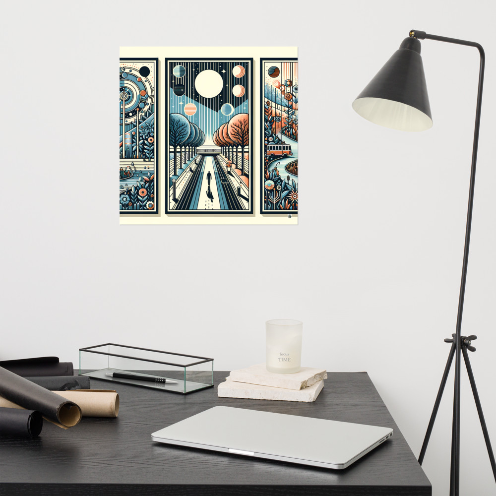 Retro Cosmic Landscape Triptych in Teal and Orange