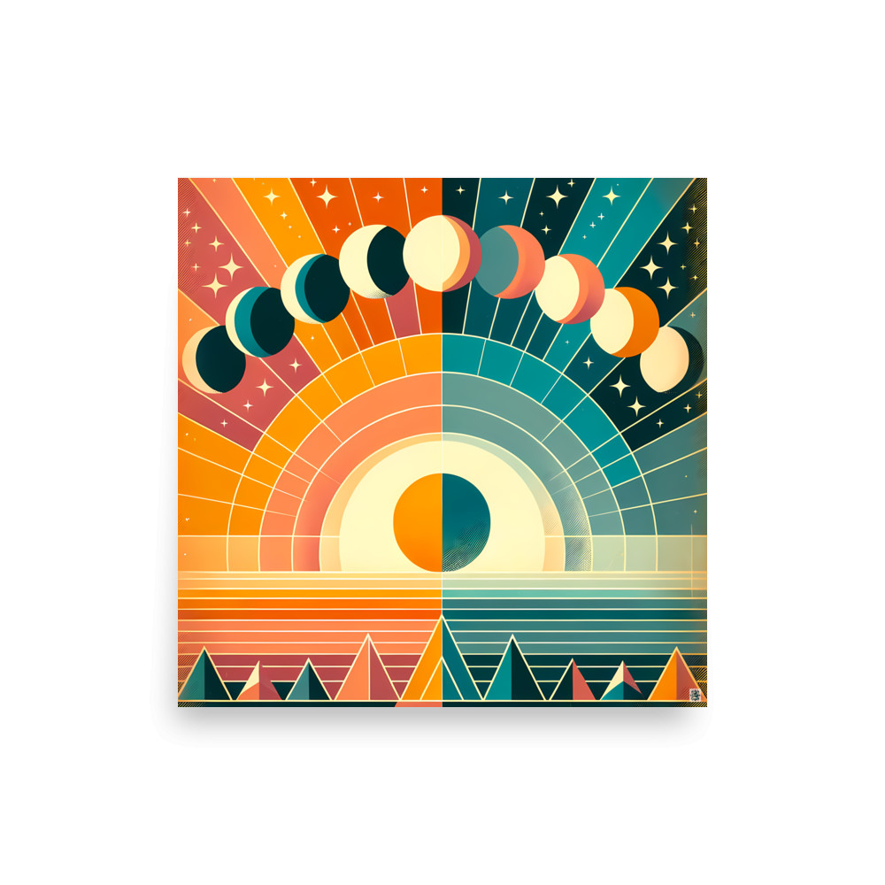 Geometric Moon Phases Over Split Sun and Sky