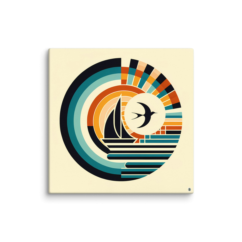 Geometric Sailboat and Swallow Sunset Emblem — Canvas Print