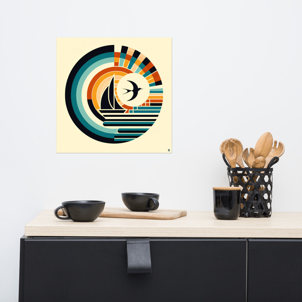 Geometric Sailboat and Swallow Sunset Emblem — Art Print