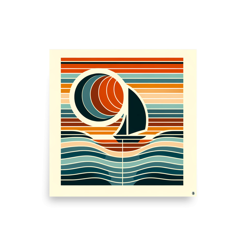 Geometric Sailboat at Sunset in Colour Block Stripes — Art Print