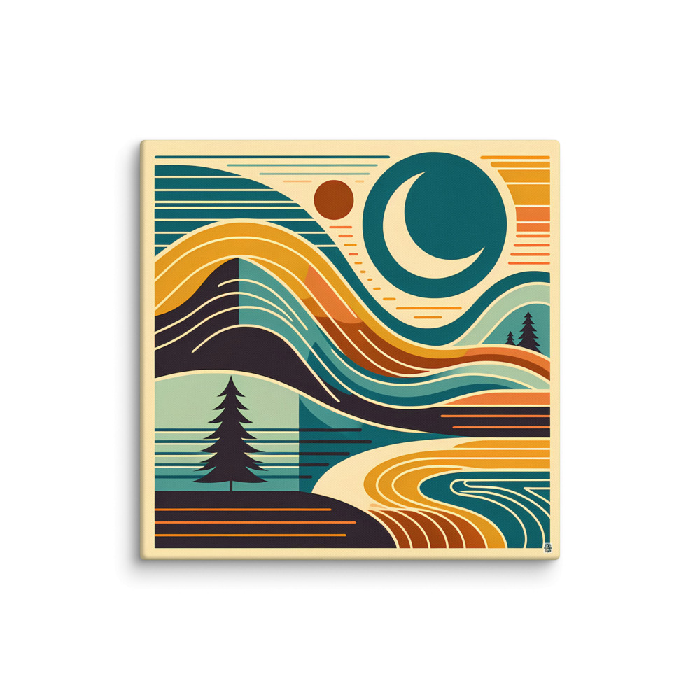 Retro Topographic Landscape with Moon and Pines — Canvas Print