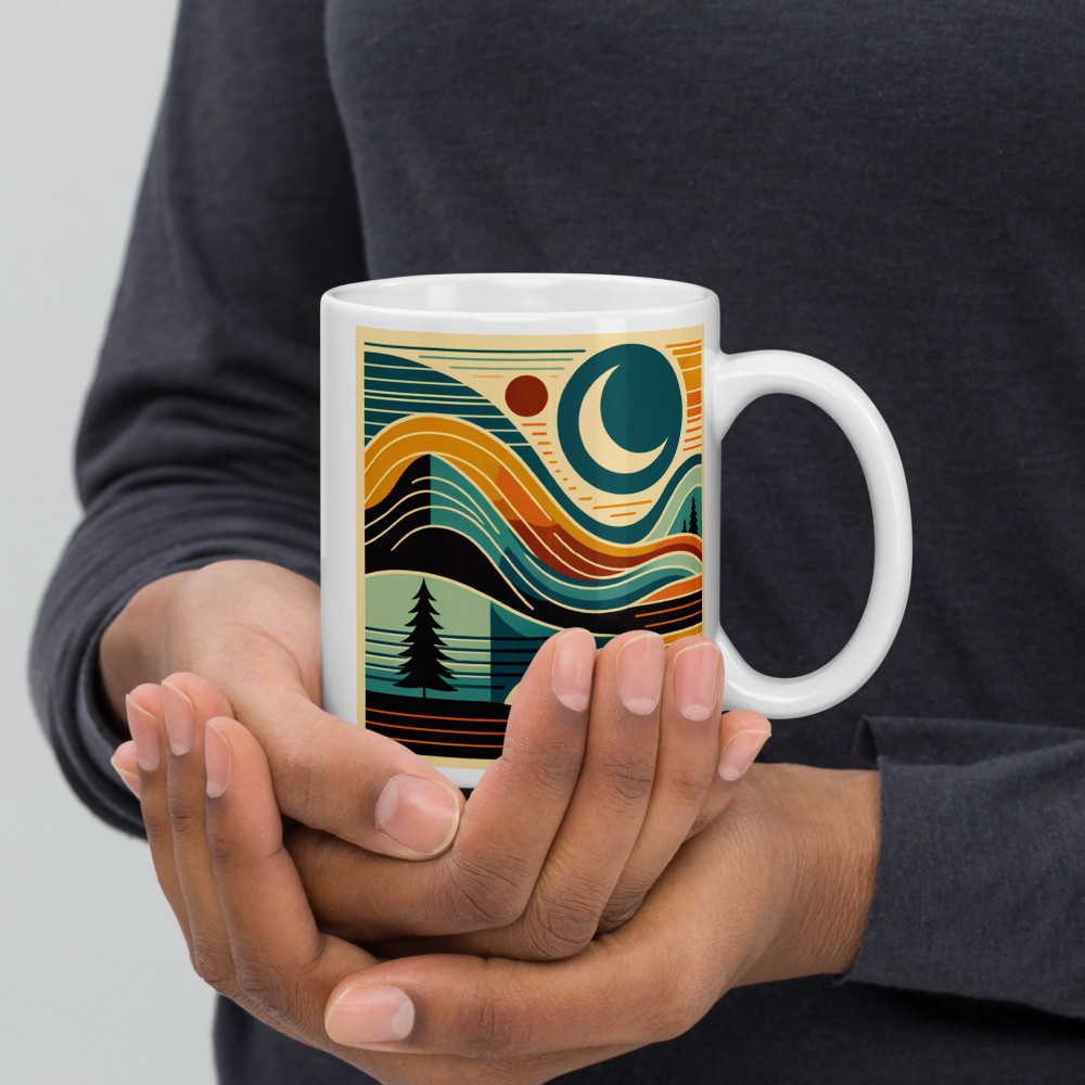 Retro Topographic Landscape with Moon and Pines
