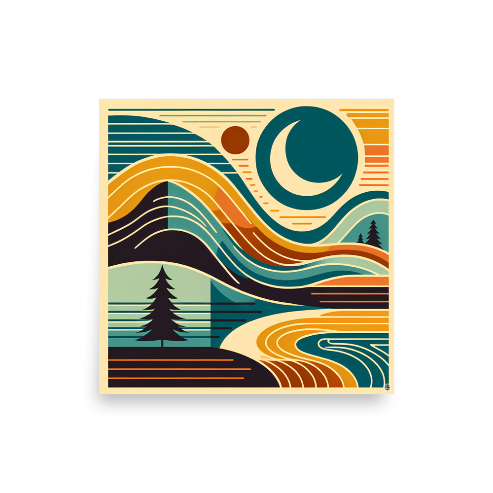 Retro Topographic Landscape with Moon and Pines — Art Print