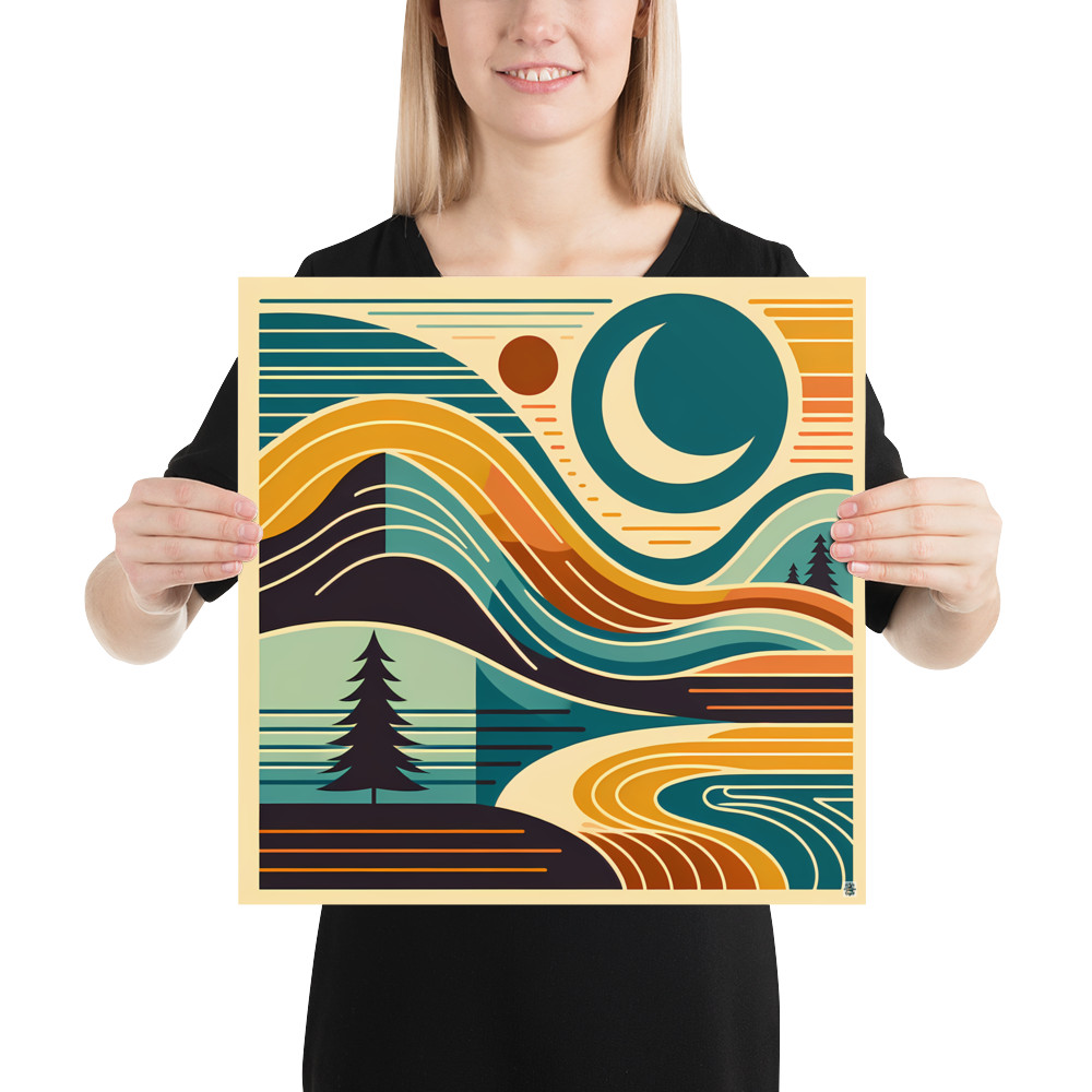 Retro Topographic Landscape with Moon and Pines