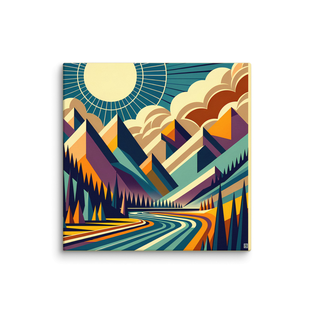 Geometric Mountain Valley with Sunburst Sky — Canvas Print
