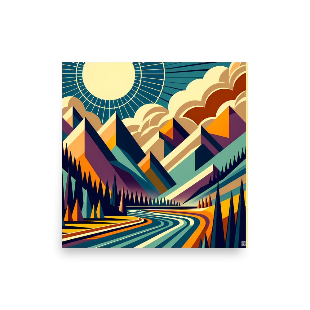 Geometric Mountain Valley with Sunburst Sky — Art Print