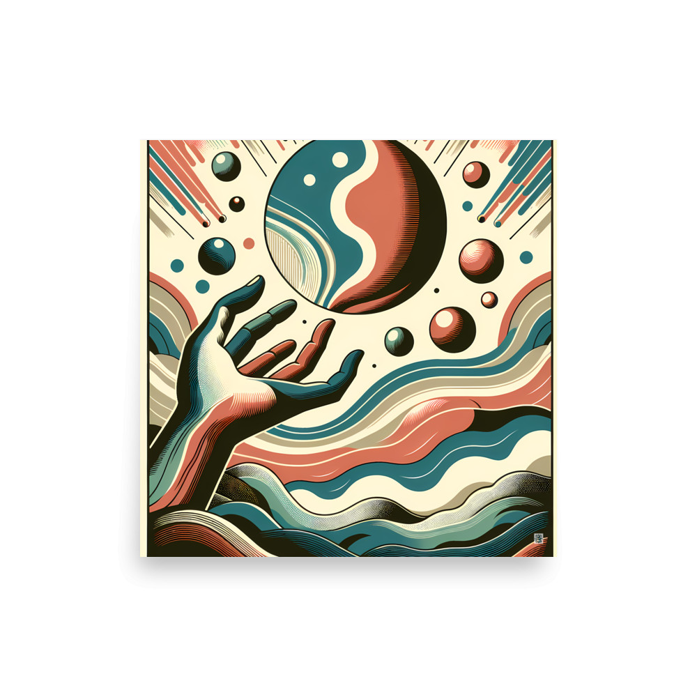 Retro Cosmic Hand and Abstract Planet Waves — Art Print