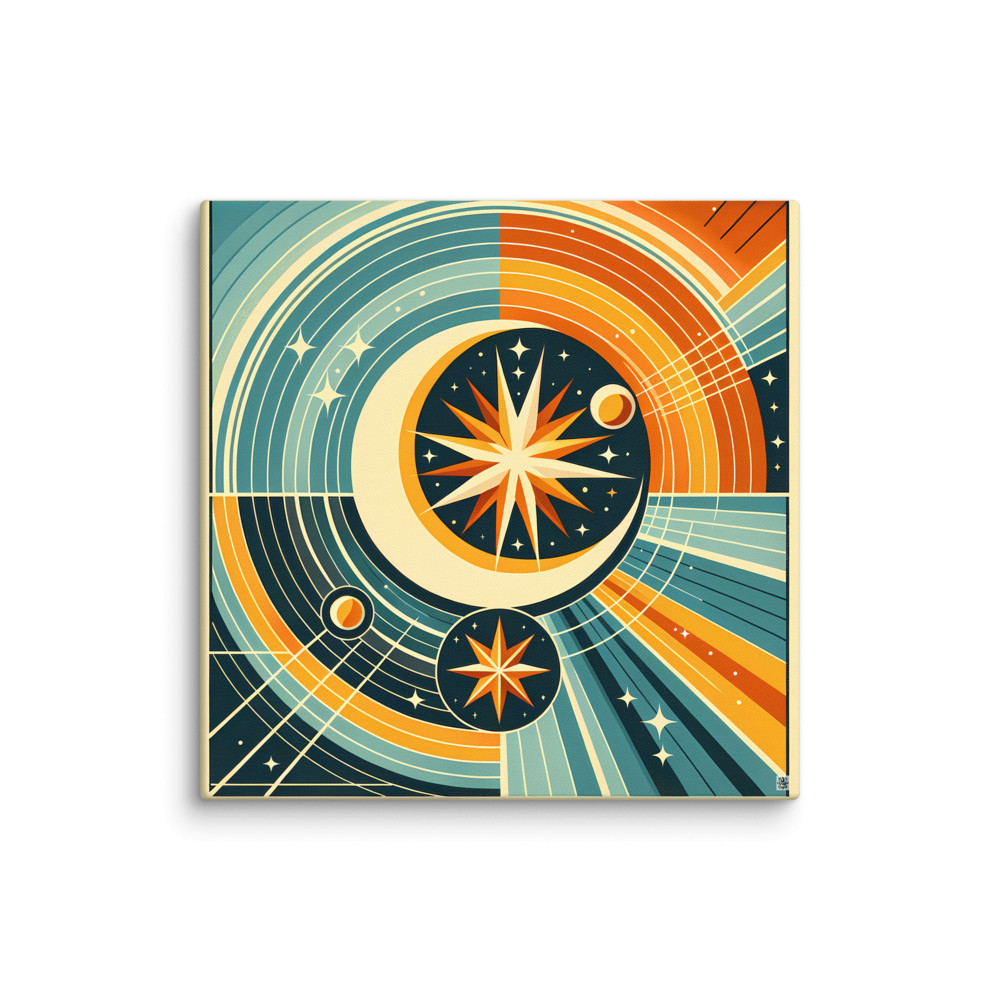 Geometric Crescent Moon and Starburst Orbit — Canvas Print