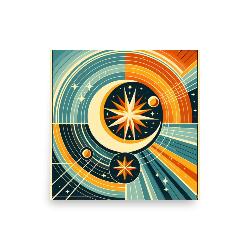 Geometric Crescent Moon and Starburst Orbit — Art Print