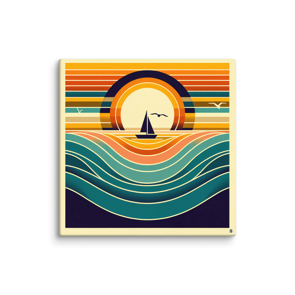 Geometric Sunset Sailboat Over Colour-Block Waves — Canvas Print