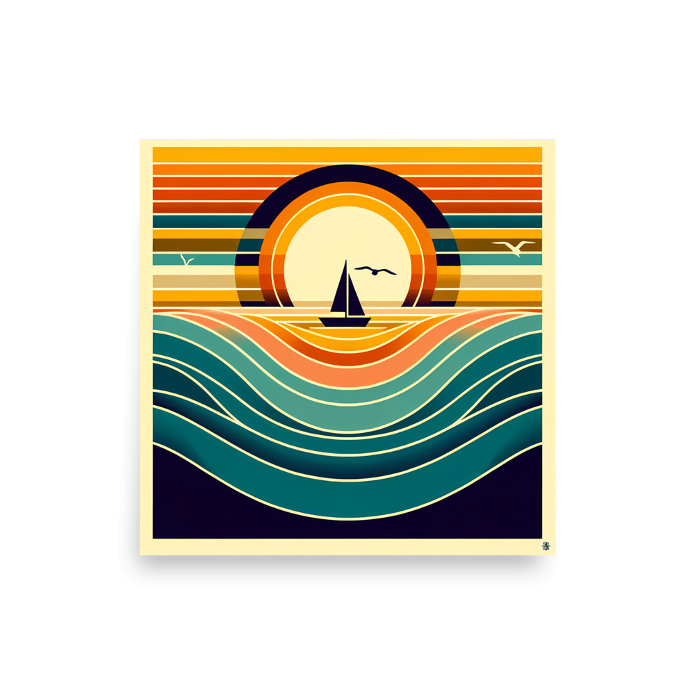 Geometric Sunset Sailboat Over Colour-Block Waves — Art Print