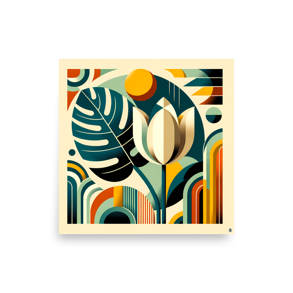 Geometric tulip and monstera leaf abstract — Art Print