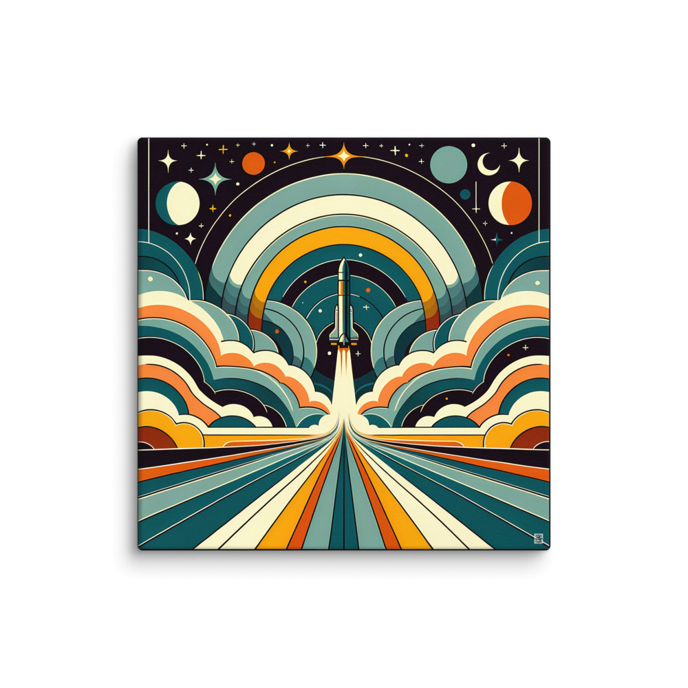 Retro Rocket Launch Through Geometric Clouds — Canvas Print