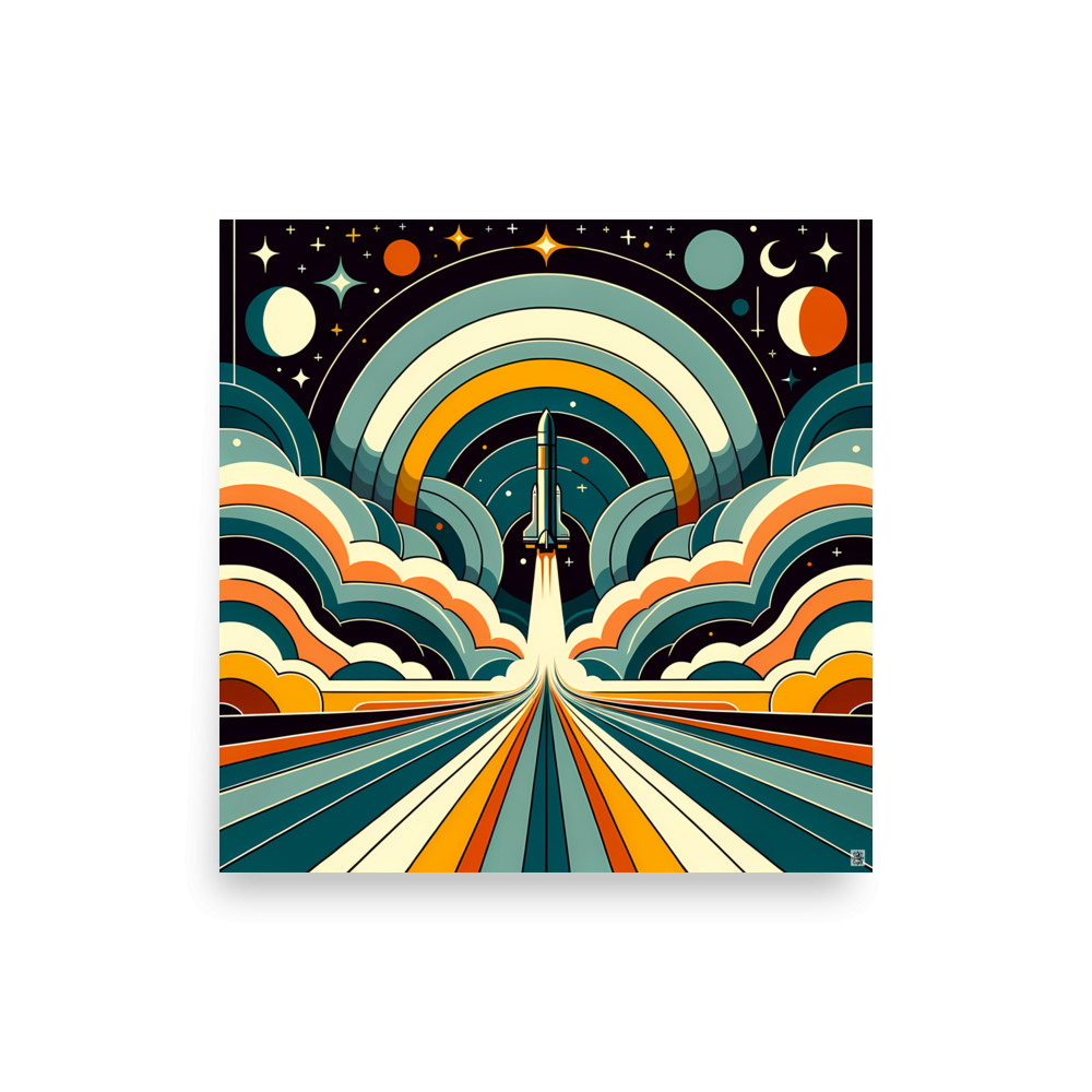Retro Rocket Launch Through Geometric Clouds — Art Print