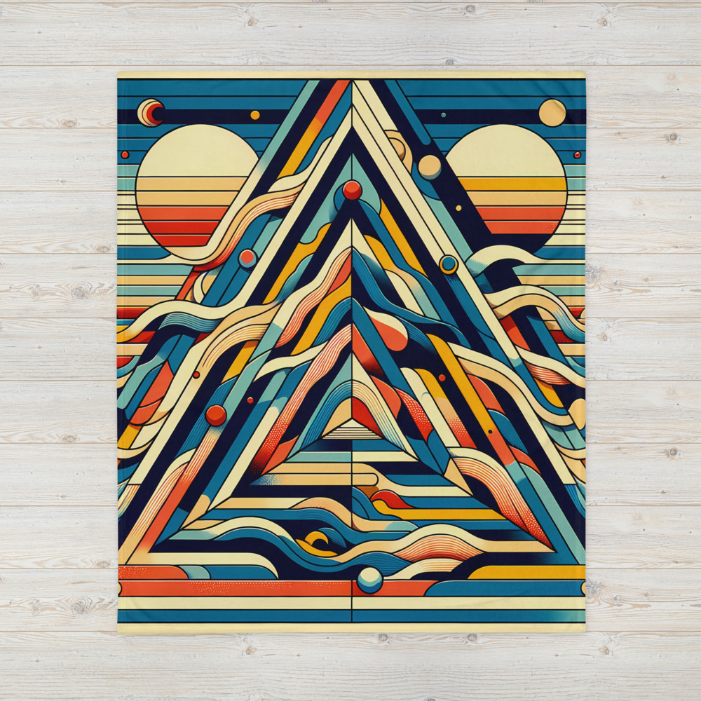Retro Geometric Mountain Art with Sun and Waves