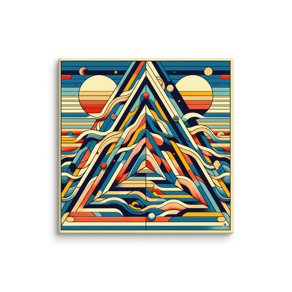 Retro Geometric Mountain Art with Sun and Waves