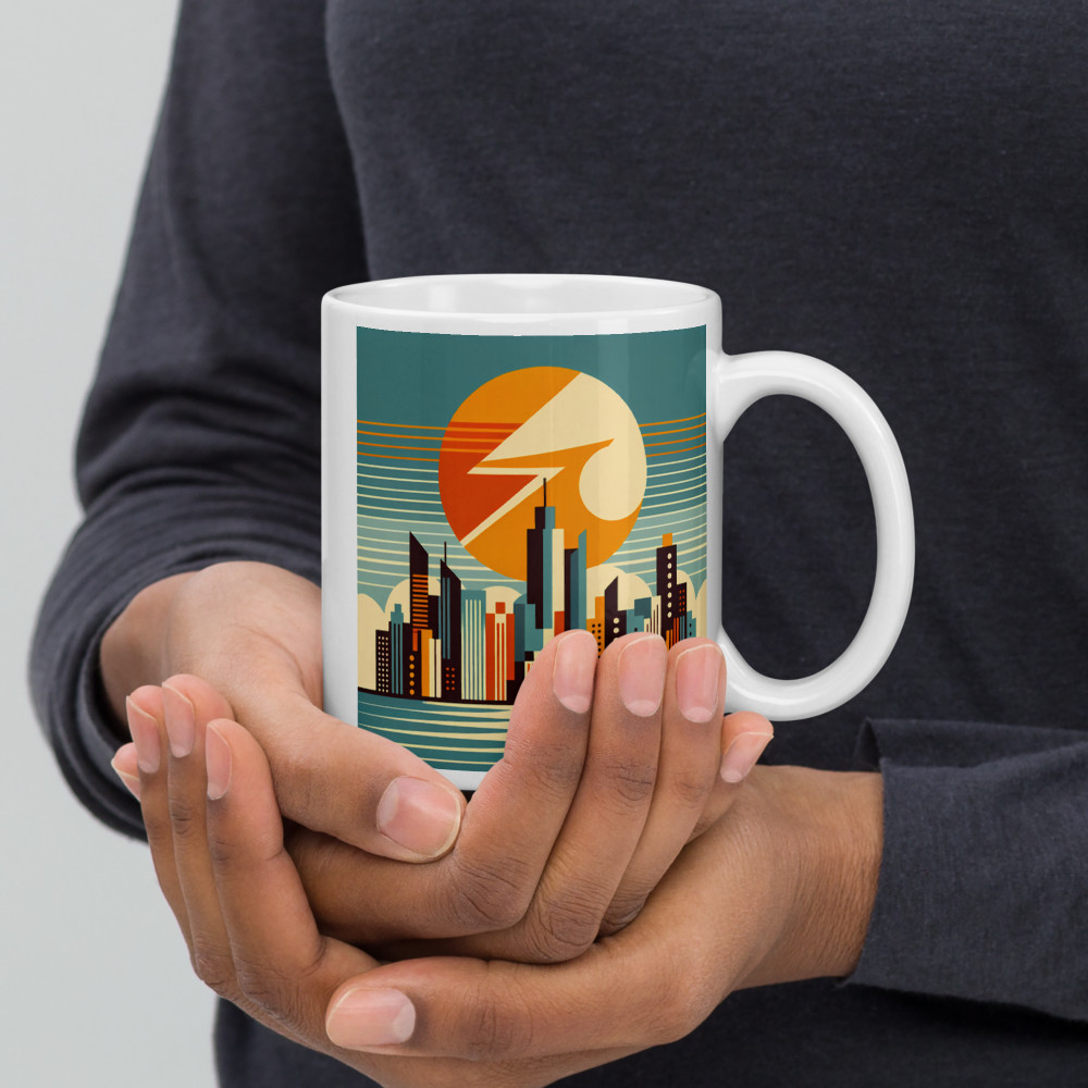 Retro Geometric City Skyline Sunset — Mug