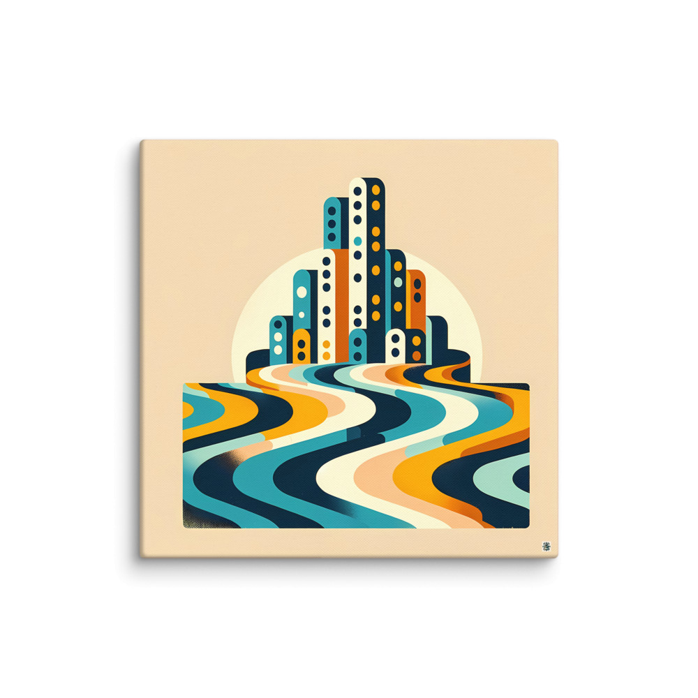 Retro Geometric Cityscape with Wavy Stripes — Canvas Print