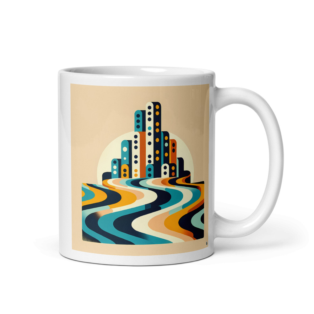 Retro Geometric Cityscape with Wavy Stripes