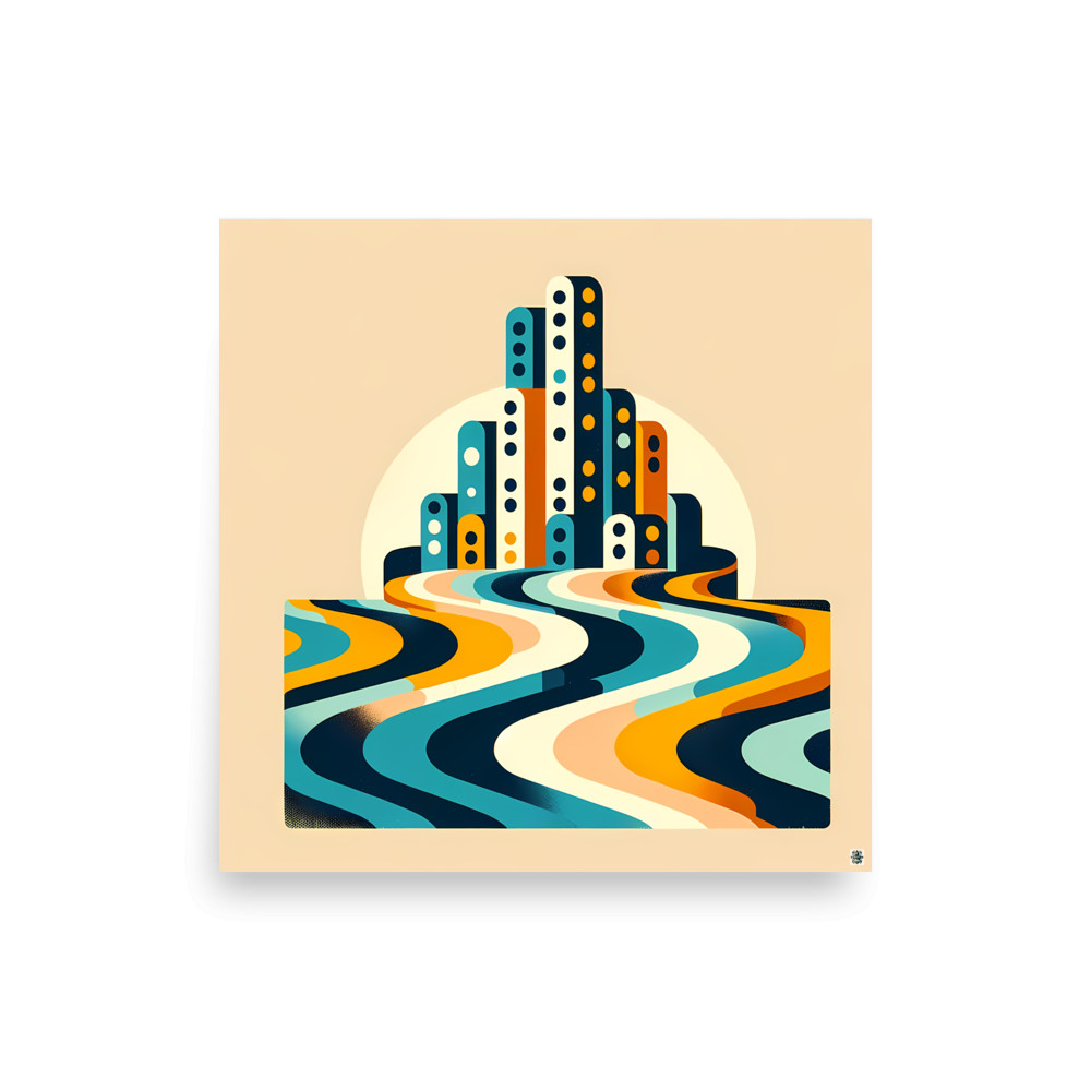 Retro Geometric Cityscape with Wavy Stripes — Art Print