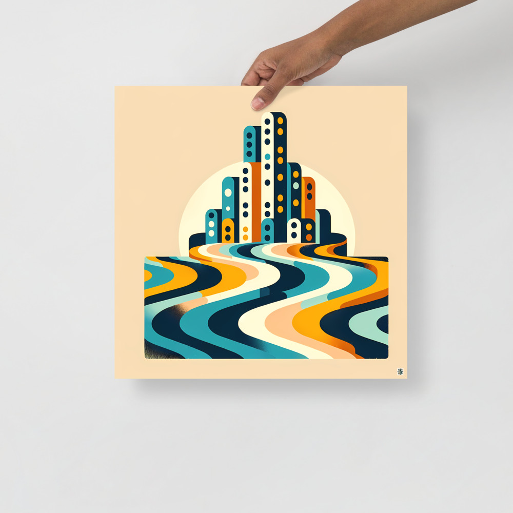 Retro Geometric Cityscape with Wavy Stripes