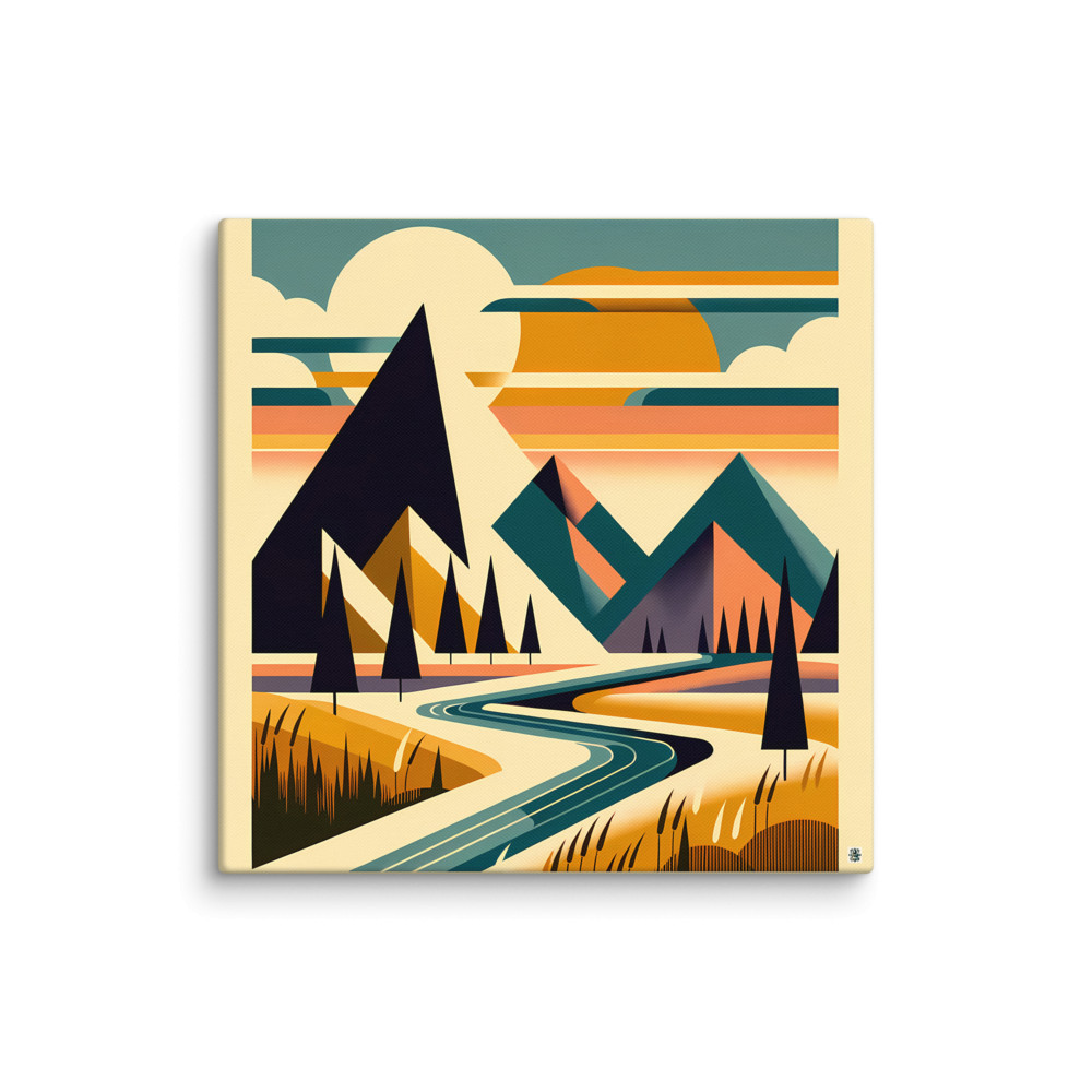 Geometric Mountain Landscape with River and Sunset — Canvas Print