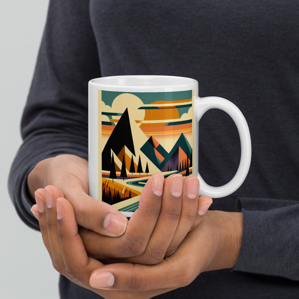 Geometric Mountain Landscape with River and Sunset