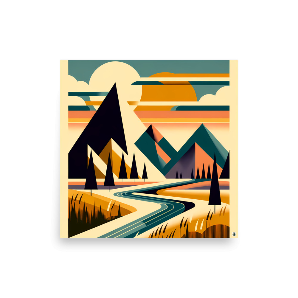 Geometric Mountain Landscape with River and Sunset — Art Print