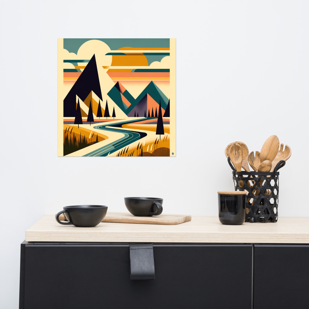 Geometric Mountain Landscape with River and Sunset