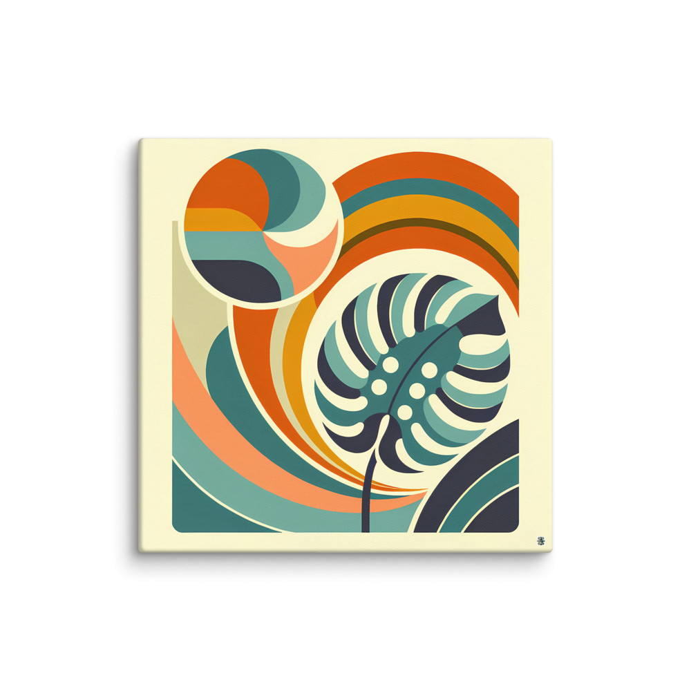 Abstract Monstera Leaf with Retro Rainbow Waves — Canvas Print