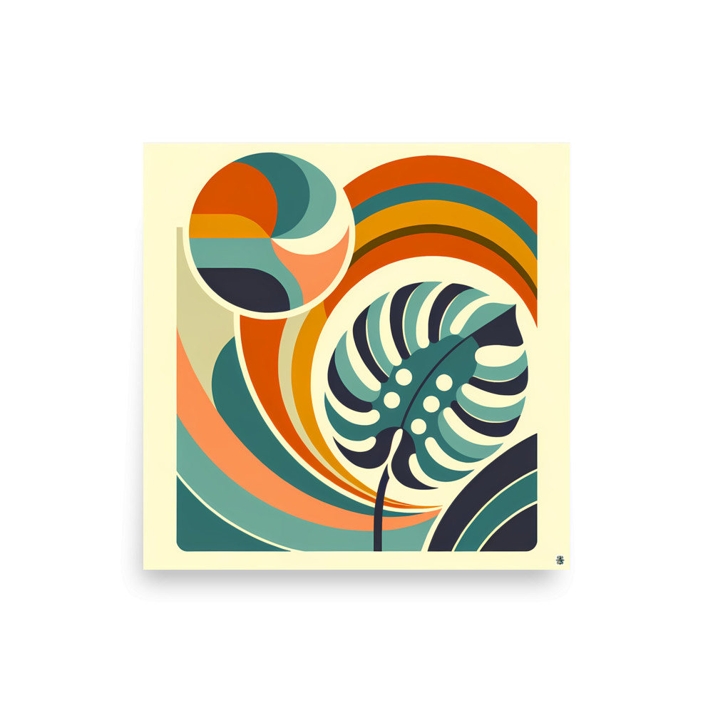 Abstract Monstera Leaf with Retro Rainbow Waves — Art Print