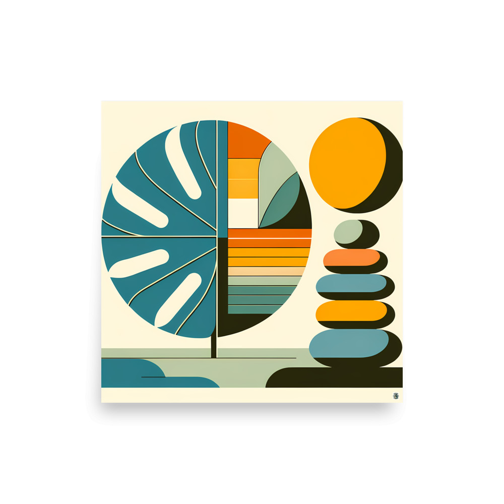 Geometric Monstera Leaf and Stacked Stones — Art Print