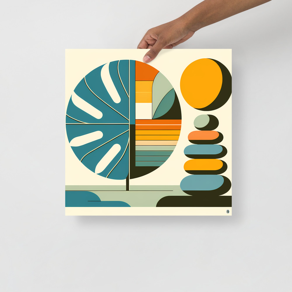 Geometric Monstera Leaf and Stacked Stones