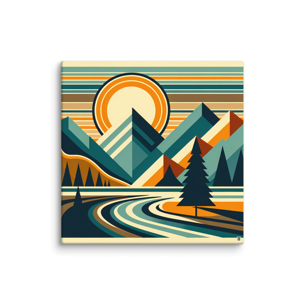 Geometric Mountain Peaks with Sun and Pine Trees — Canvas Print