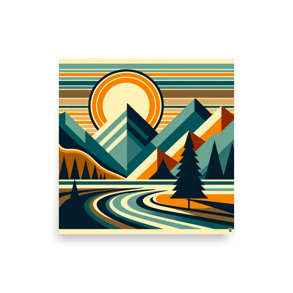 Geometric Mountain Peaks with Sun and Pine Trees — Art Print