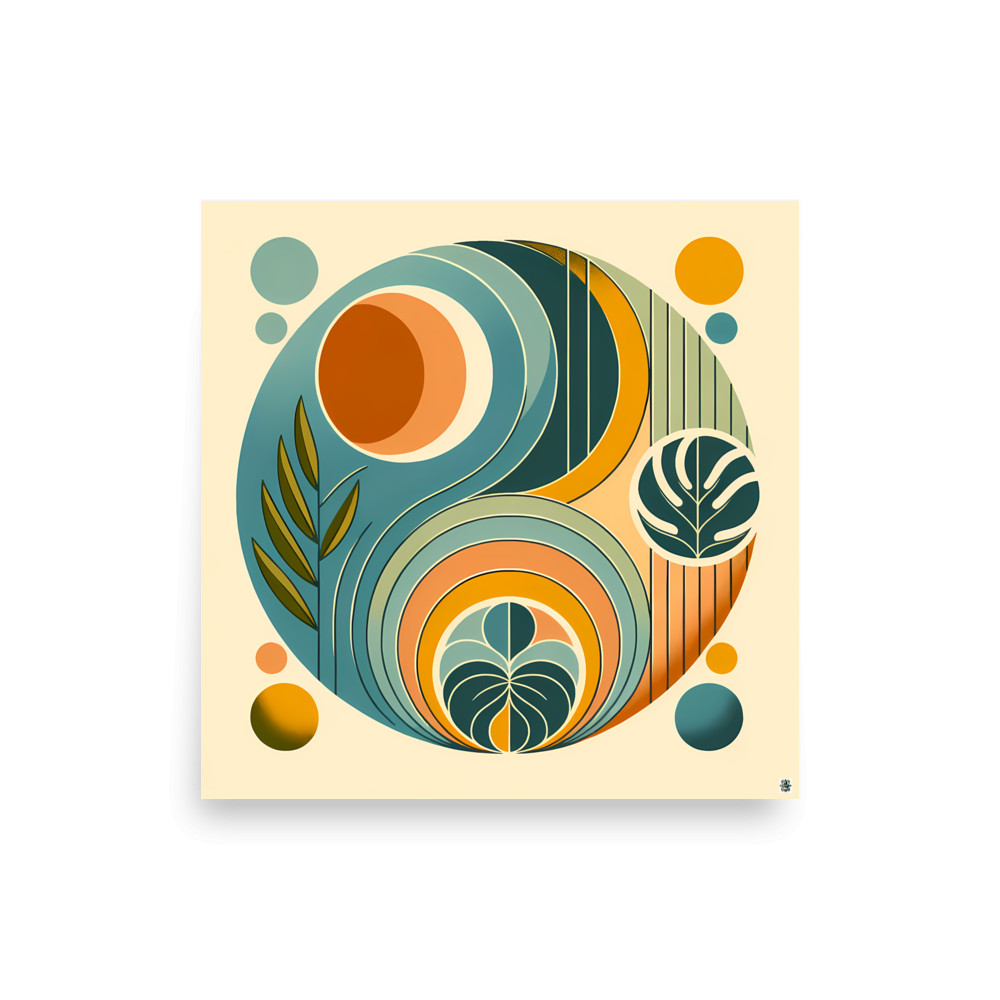 Abstract Botanical Circles in Teal and Ochre — Art Print