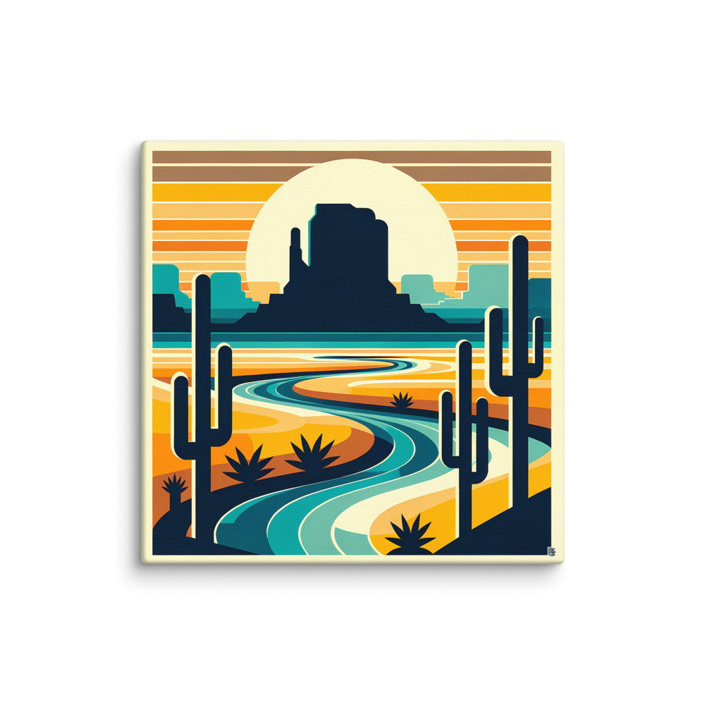Desert River Sunset with Cactus Silhouettes — Canvas Print