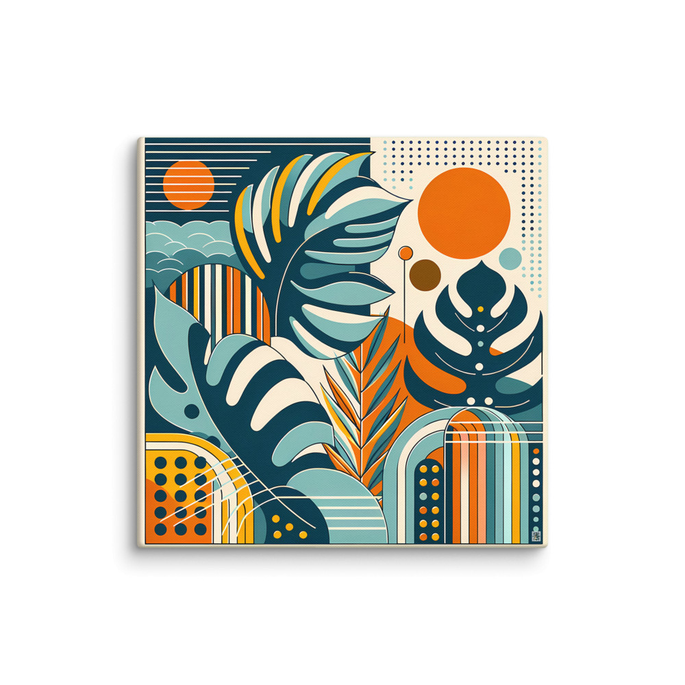 Abstract Botanical Leaves with Orange Sun — Canvas Print