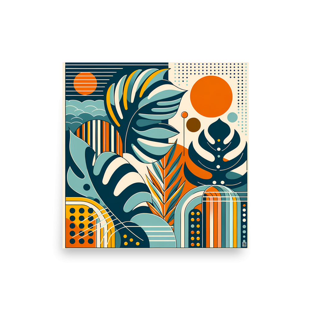 Abstract Botanical Leaves with Orange Sun — Art Print