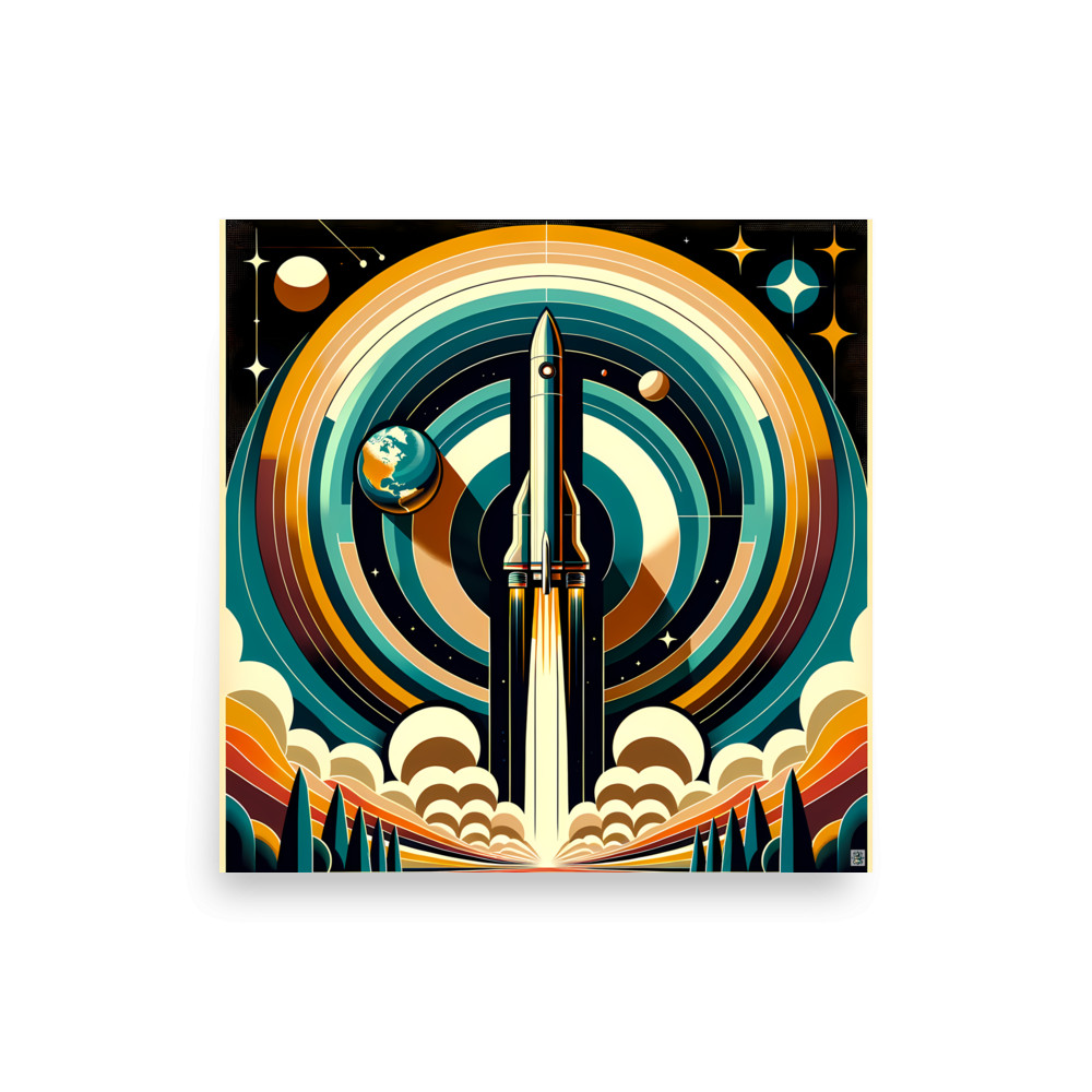 Retro Rocket Launch Geometric Space Illustration — Art Print